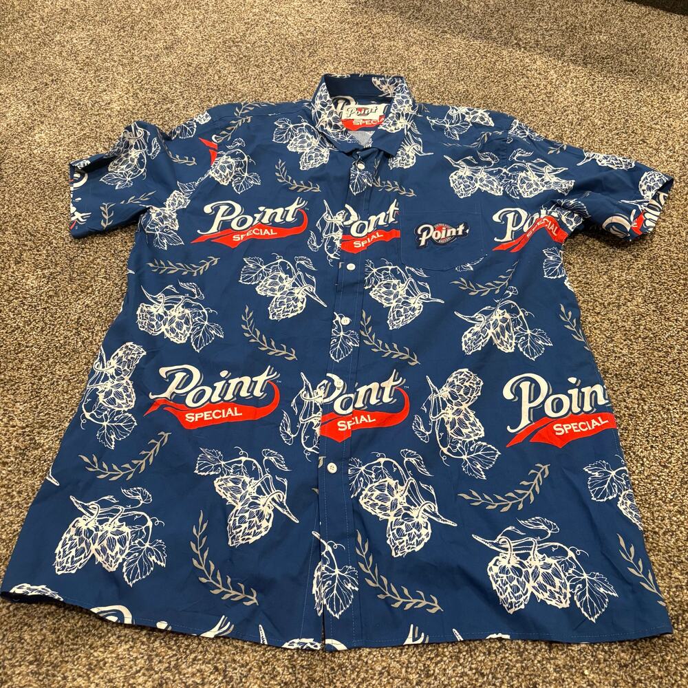 Point Special Beer Short Sleeved Button Down Blue Red White Men Size 3XL or XXXL